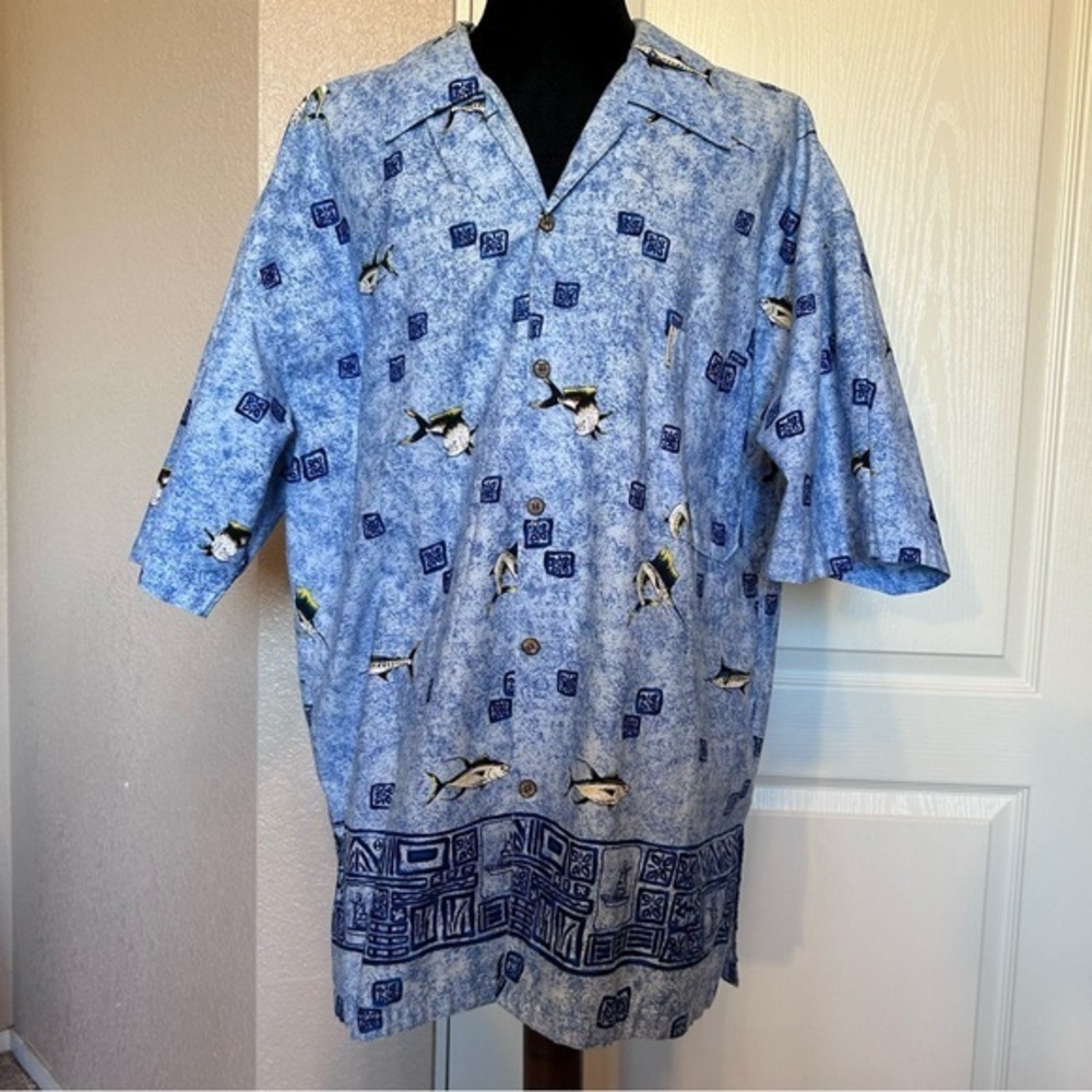 Sunset Breeze Cotton Button Down‎ Blue with Ocean Fish Tropical Shirt Size XL
